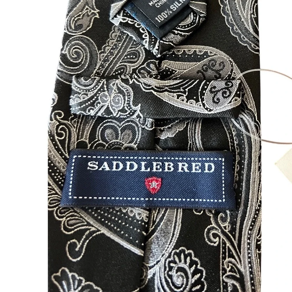 Saddlebred Mens Silk Necktie Black Silver Grey‎ Paisley Classic 57.5 Inch Tie